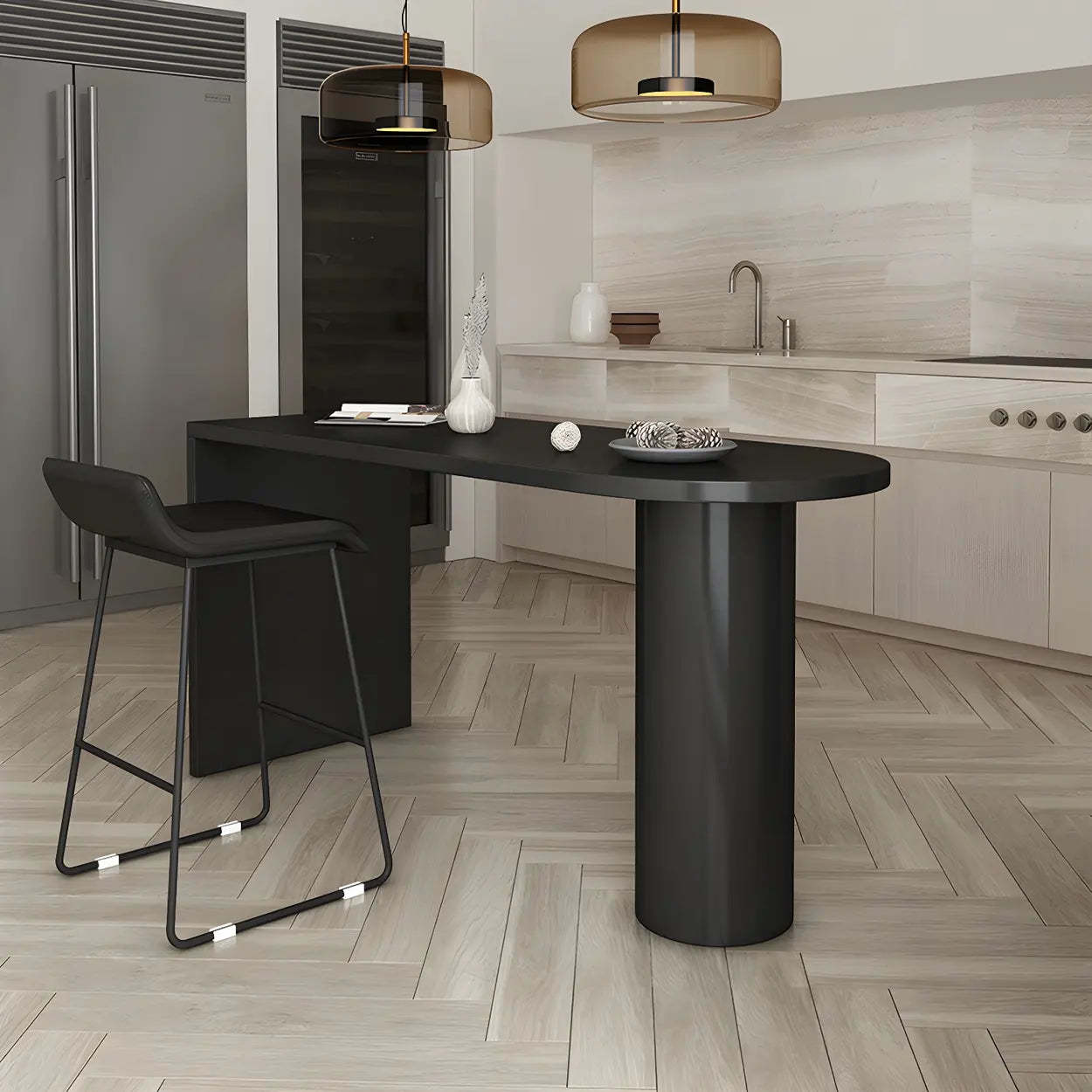 Modern Gray Oval Metal Wood Bistro Bar Table — Grey / Table Only