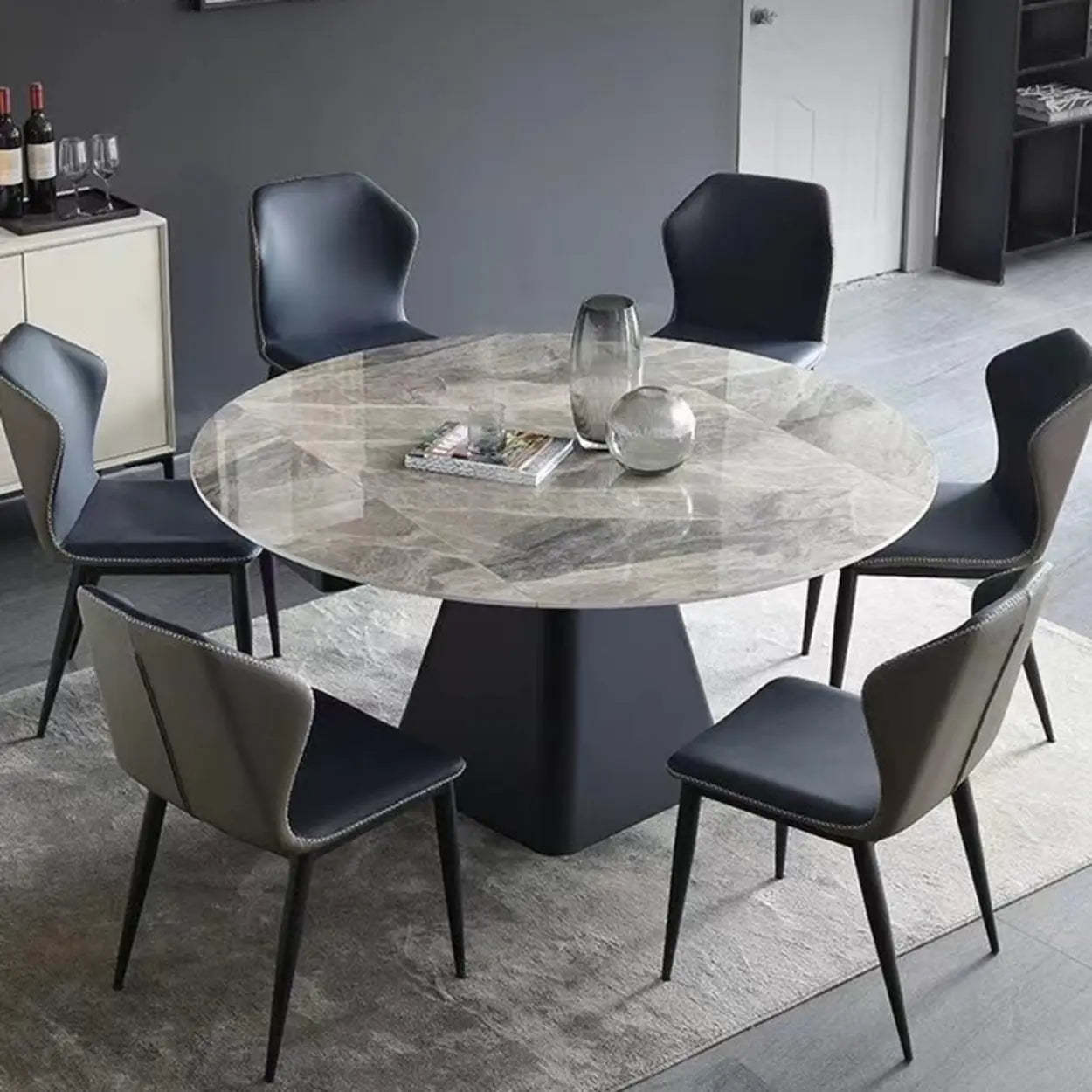 Modern Round Gray Sintered Stone Extendable Dining Table — Table Only