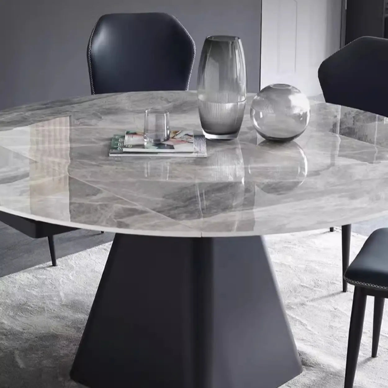 Modern Round Gray Sintered Stone Extendable Dining Table