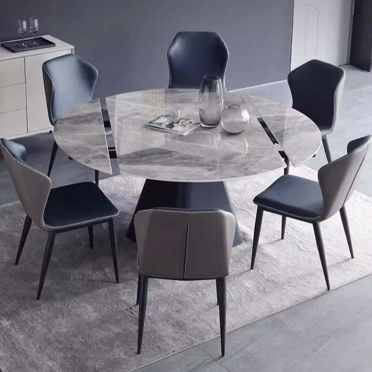Modern Round Gray Sintered Stone Extendable Dining Table