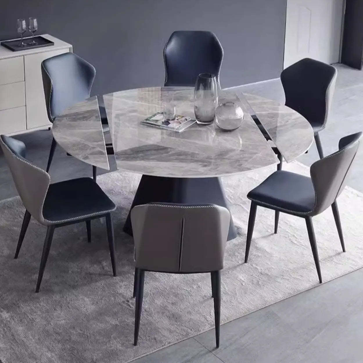 Modern Round Gray Sintered Stone Extendable Dining Table