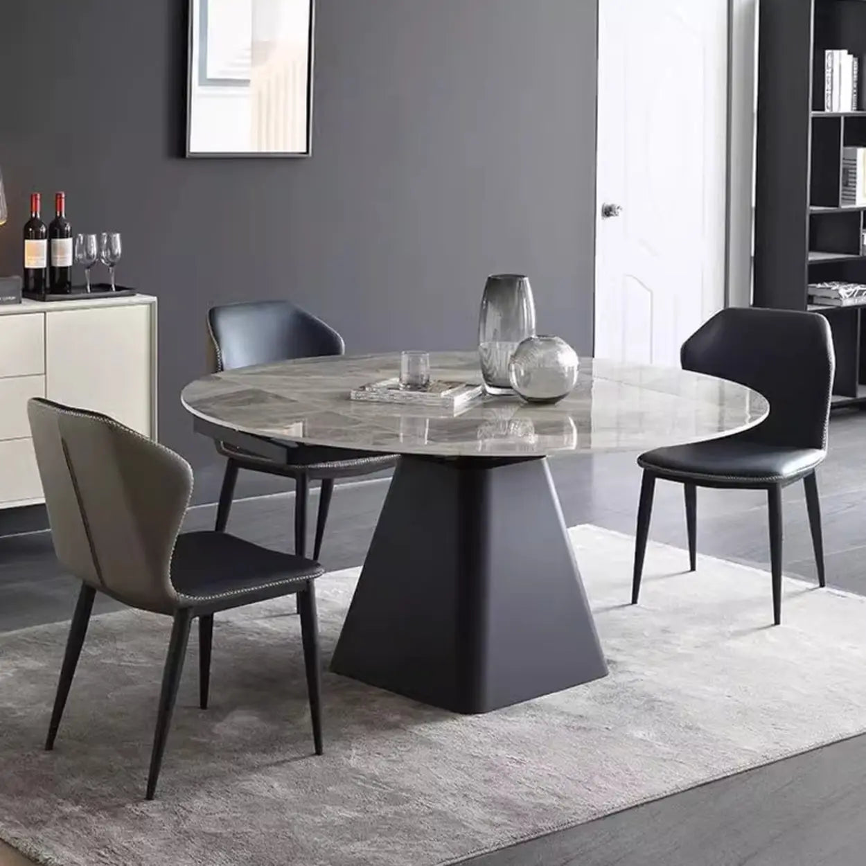 Modern Round Gray Sintered Stone Extendable Dining Table — Table Only