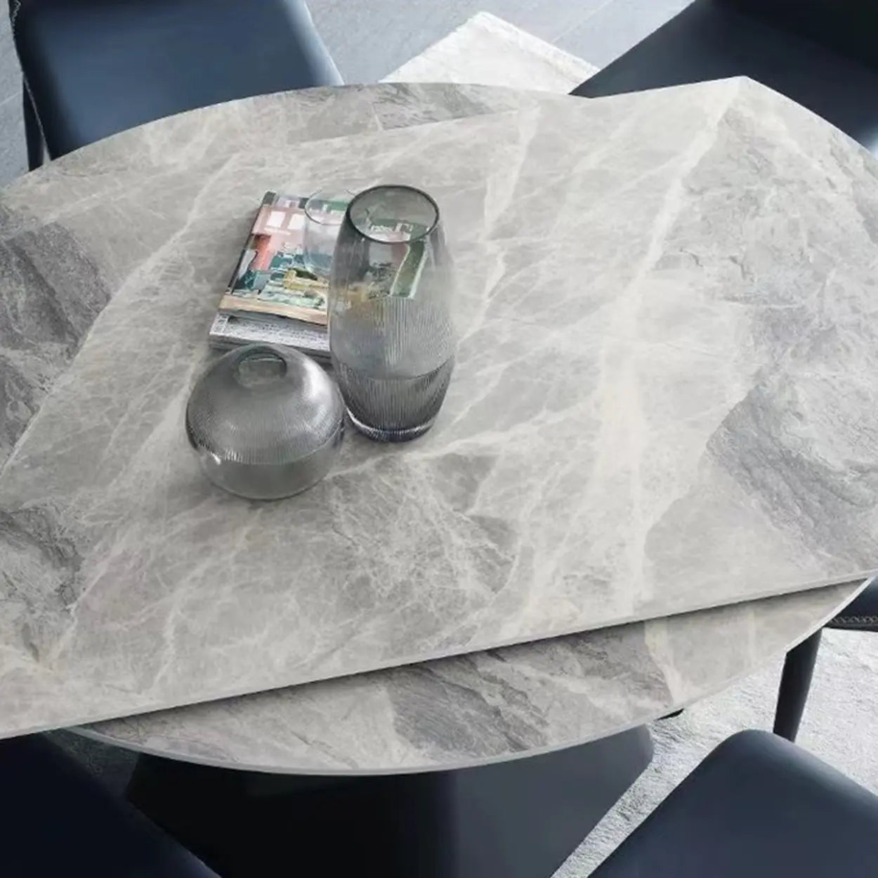 Modern Round Gray Sintered Stone Extendable Dining Table — Table Only