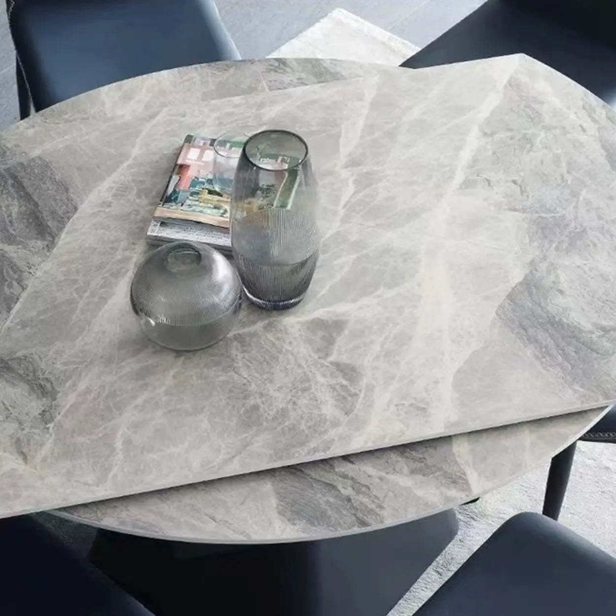 Modern Round Gray Sintered Stone Extendable Dining Table — Table Only