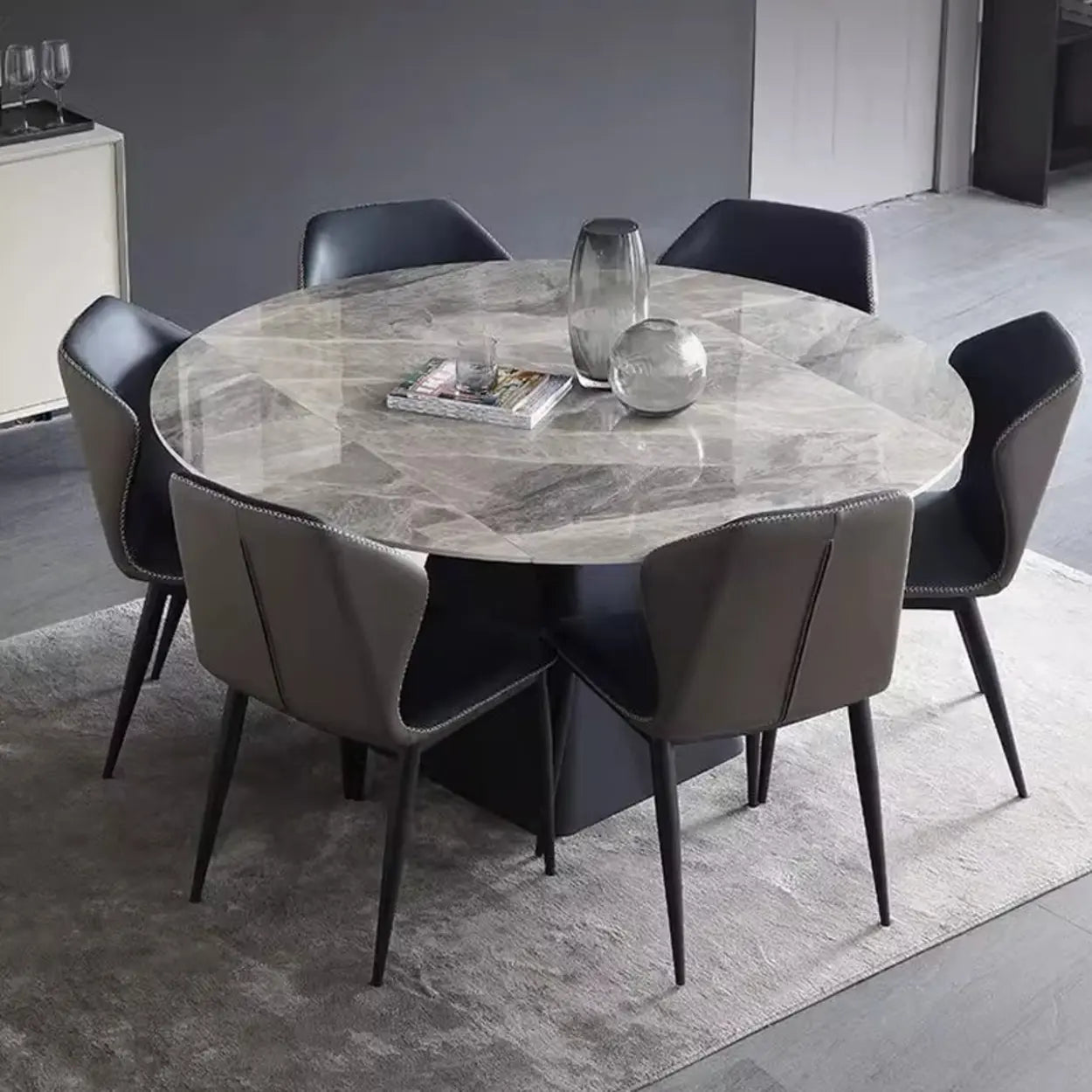 Modern Round Gray Sintered Stone Extendable Dining Table