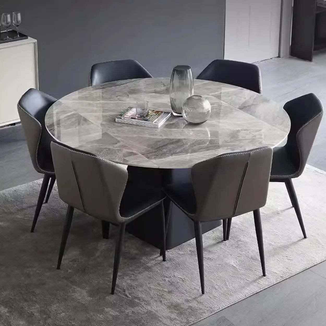 Modern Round Gray Sintered Stone Extendable Dining Table