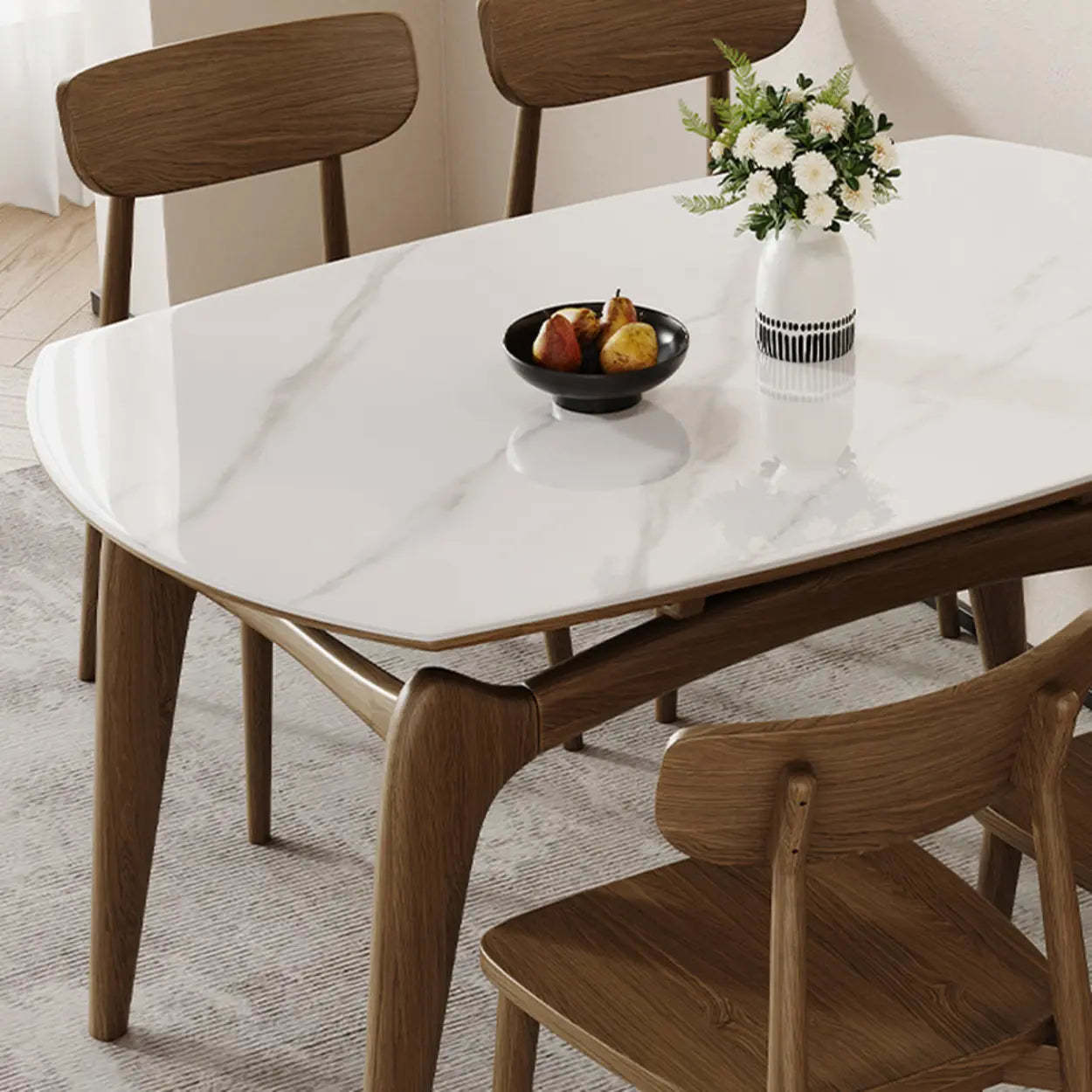 Extendable Round Stone Dining Table — Walnut / Table Only