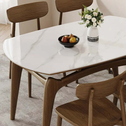 Extendable Round Stone Dining Table — Walnut / Table Only