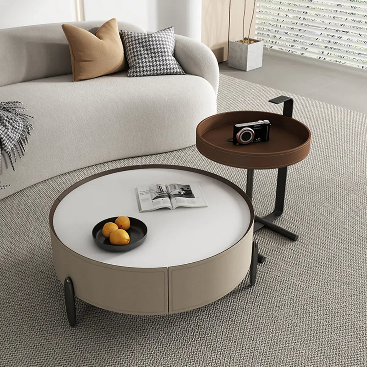 Modern Circular Stone Leather Nesting Coffee Table