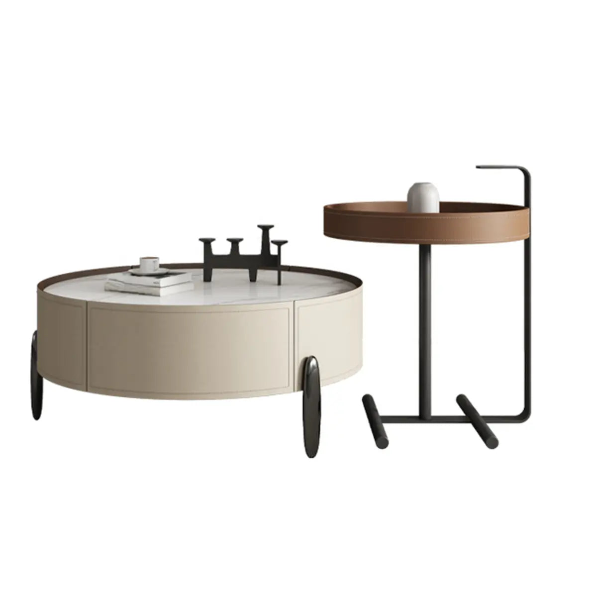 Modern Circular Stone Leather Nesting Coffee Table