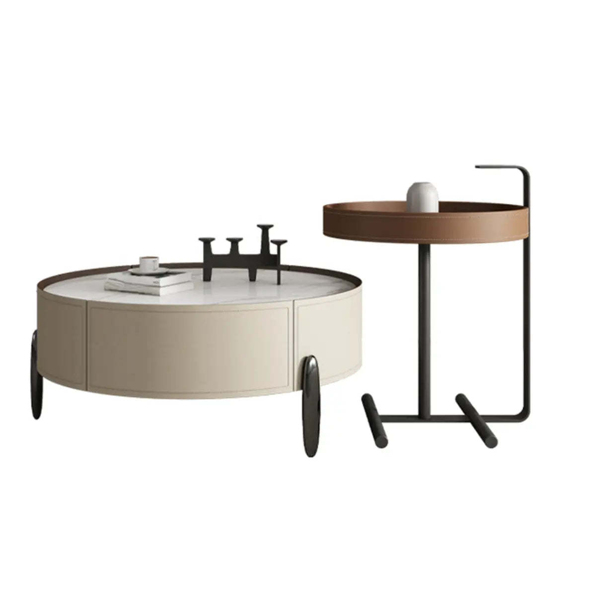 Modern Circular Stone Leather Nesting Coffee Table
