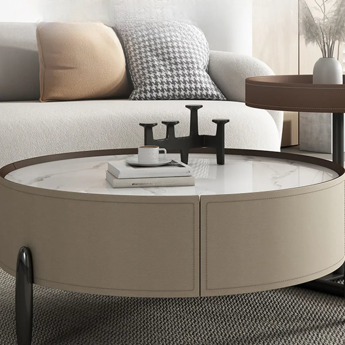 Modern Circular Stone Leather Nesting Coffee Table