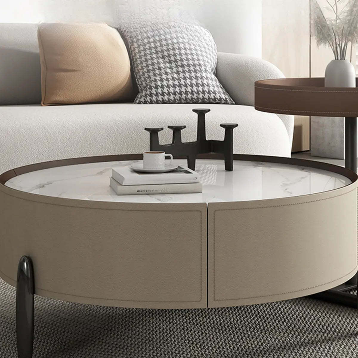 Modern Circular Stone Leather Nesting Coffee Table
