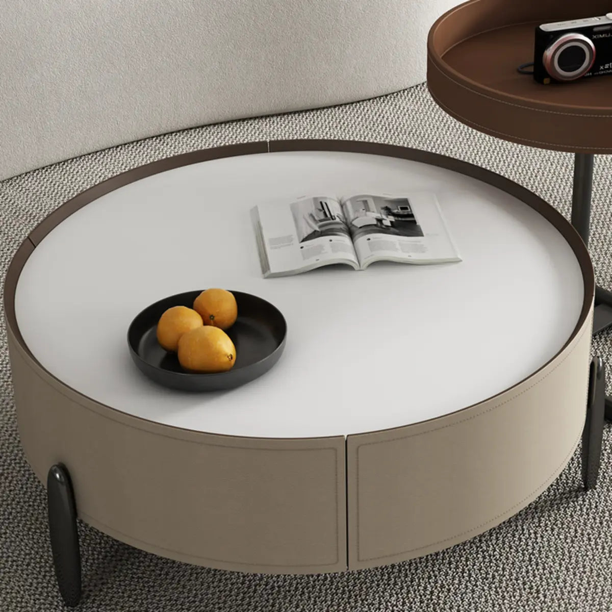 Modern Circular Stone Leather Nesting Coffee Table