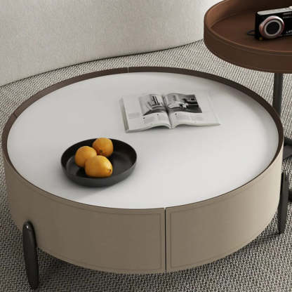 Modern Circular Stone Leather Nesting Coffee Table