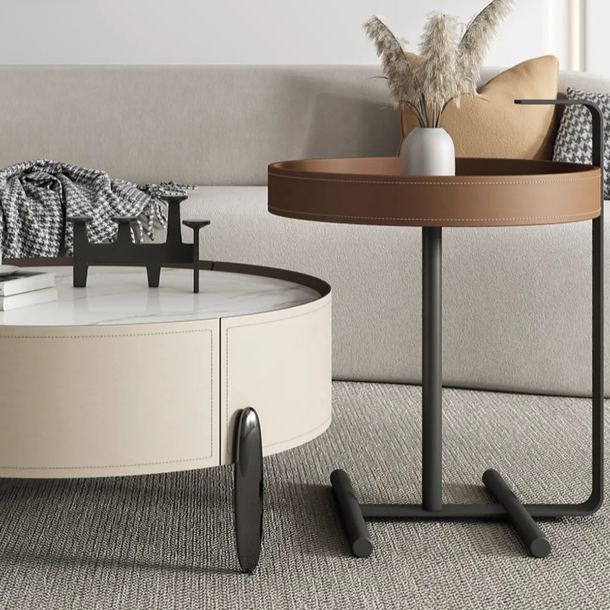 Modern Circular Stone Leather Nesting Coffee Table