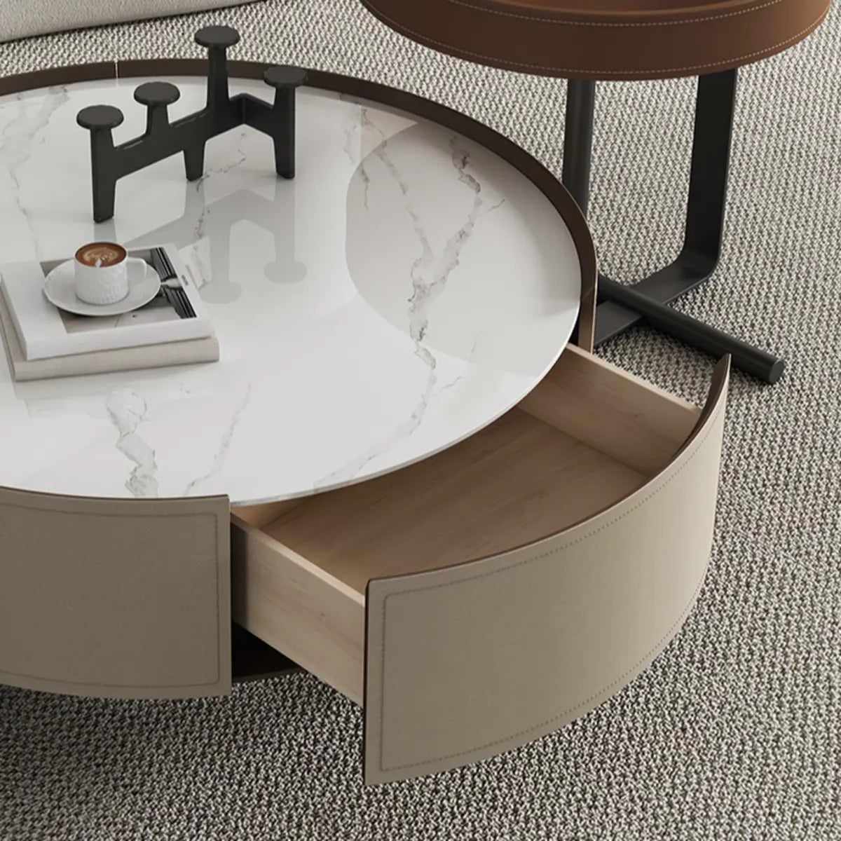 Modern Circular Stone Leather Nesting Coffee Table