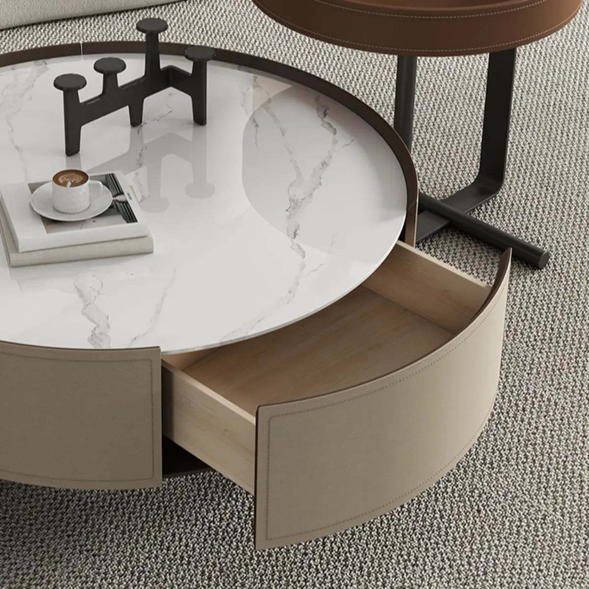Modern Circular Stone Leather Nesting Coffee Table