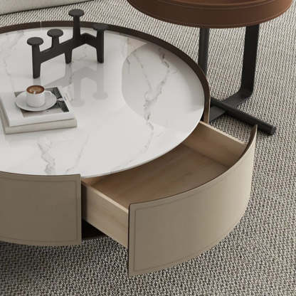 Modern Circular Stone Leather Nesting Coffee Table