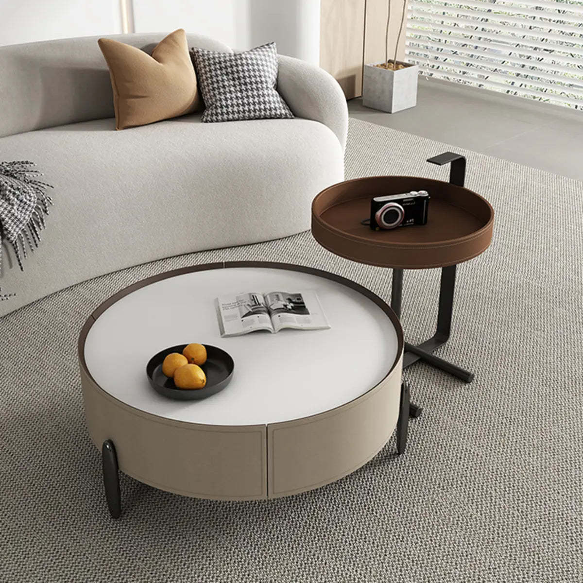 Modern Circular Stone Leather Nesting Coffee Table — Brown