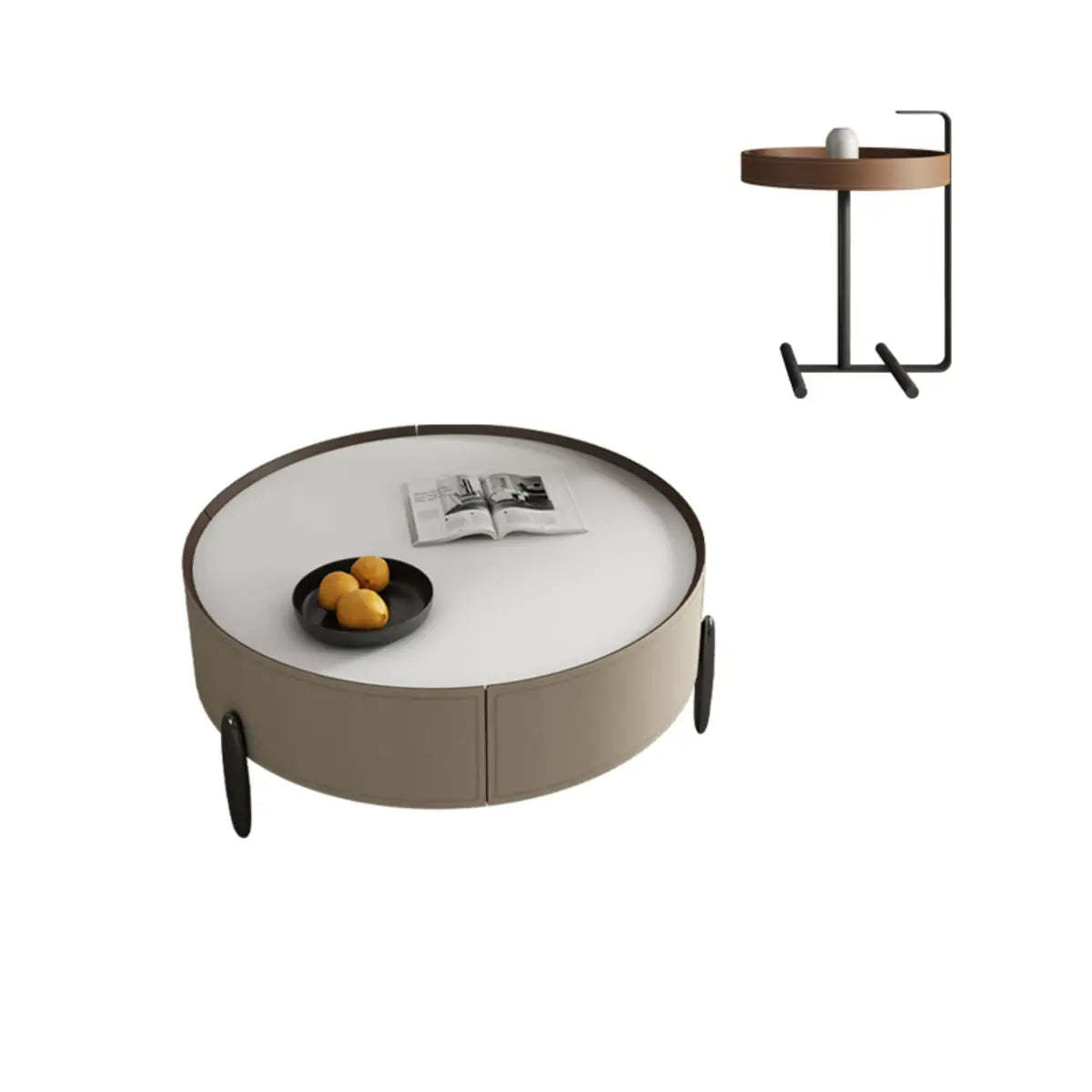 Modern Circular Stone Leather Nesting Coffee Table — White