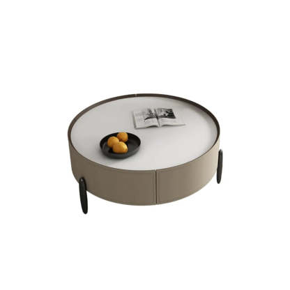 Modern Circular Stone Leather Nesting Coffee Table — White
