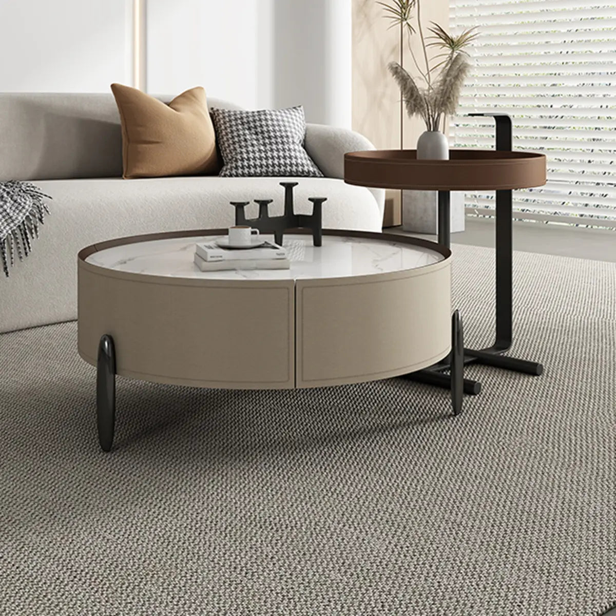 Modern Circular Stone Leather Nesting Coffee Table — White