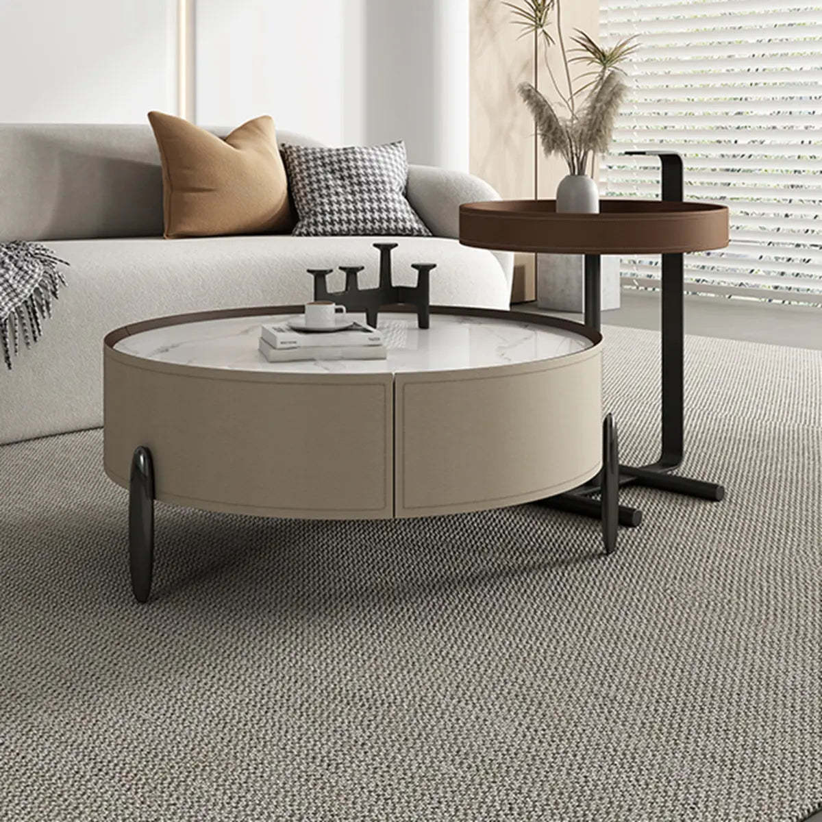 Modern Circular Stone Leather Nesting Coffee Table — White