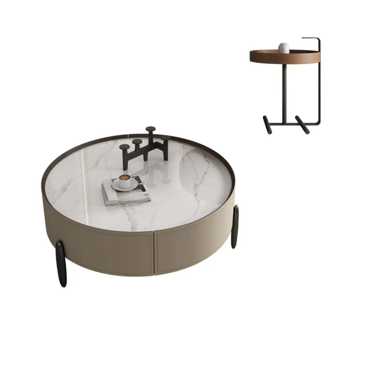 Modern Circular Stone Leather Nesting Coffee Table — White