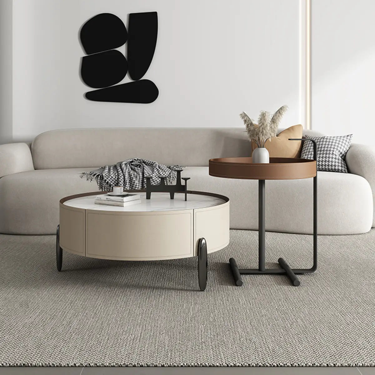 Modern Circular Stone Leather Nesting Coffee Table — White/ Grey