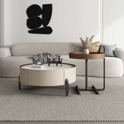 Modern Circular Stone Leather Nesting Coffee Table — White/ Grey