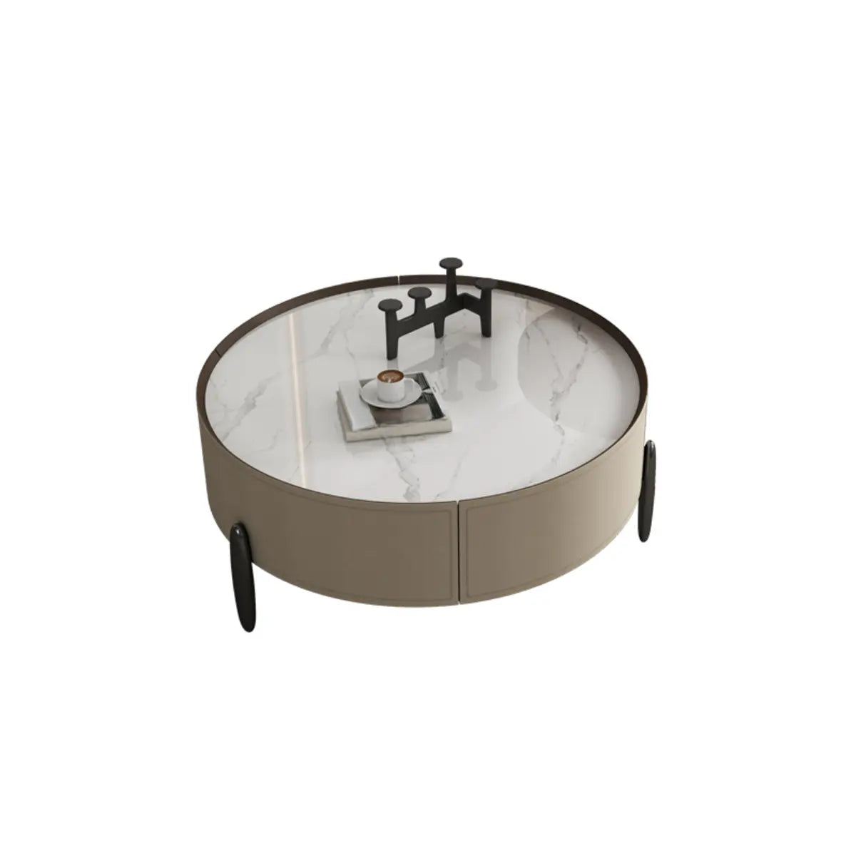 Modern Circular Stone Leather Nesting Coffee Table — White/ Grey