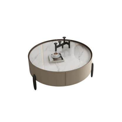 Modern Circular Stone Leather Nesting Coffee Table — White/ Grey