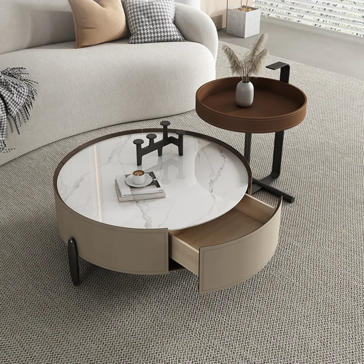 Modern Circular Stone Leather Nesting Coffee Table — White/ Grey