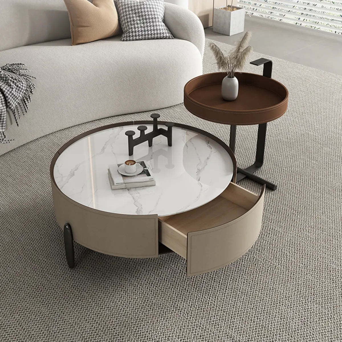 Modern Circular Stone Leather Nesting Coffee Table — White/ Grey