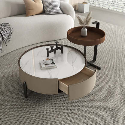 Modern Circular Stone Leather Nesting Coffee Table — White/ Grey