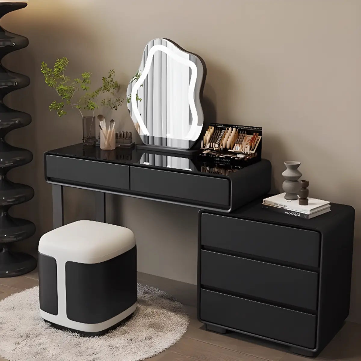 Modern Classic Black Mirror Light Bedroom Vanity Set — Black-White