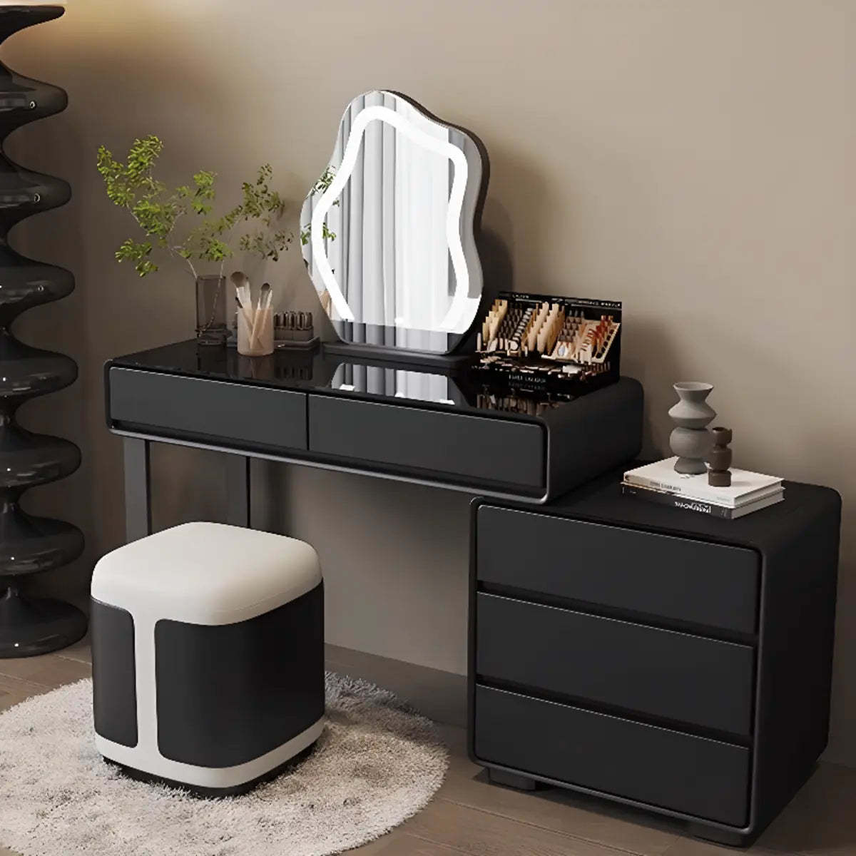 Modern Classic Black Mirror Light Bedroom Vanity Set — Black-White