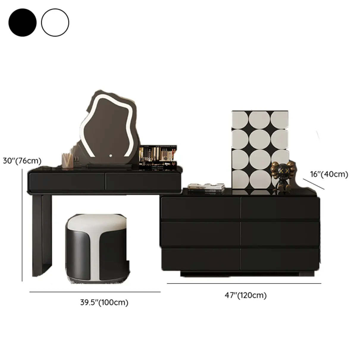 Modern Classic Black Mirror Light Bedroom Vanity Set — White/ Black