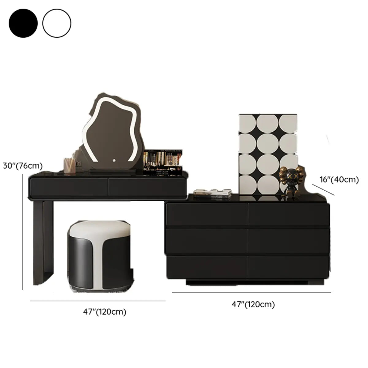 Modern Classic Black Mirror Light Bedroom Vanity Set — White/ Black