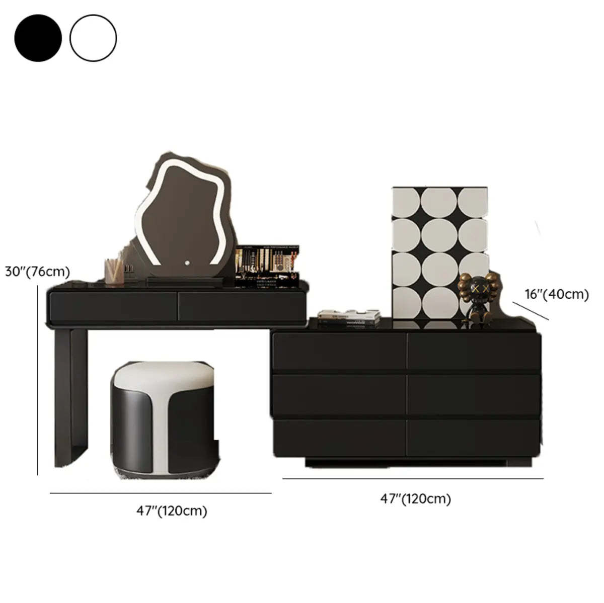 Modern Classic Black Mirror Light Bedroom Vanity Set — White/ Black