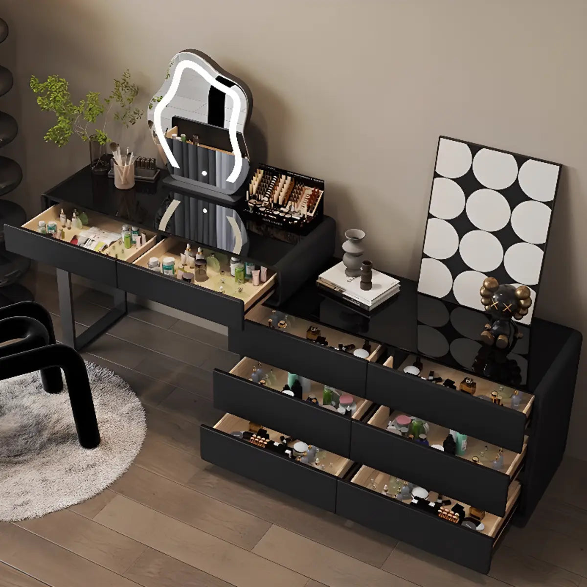 Modern Classic Black Mirror Light Bedroom Vanity Set — Black