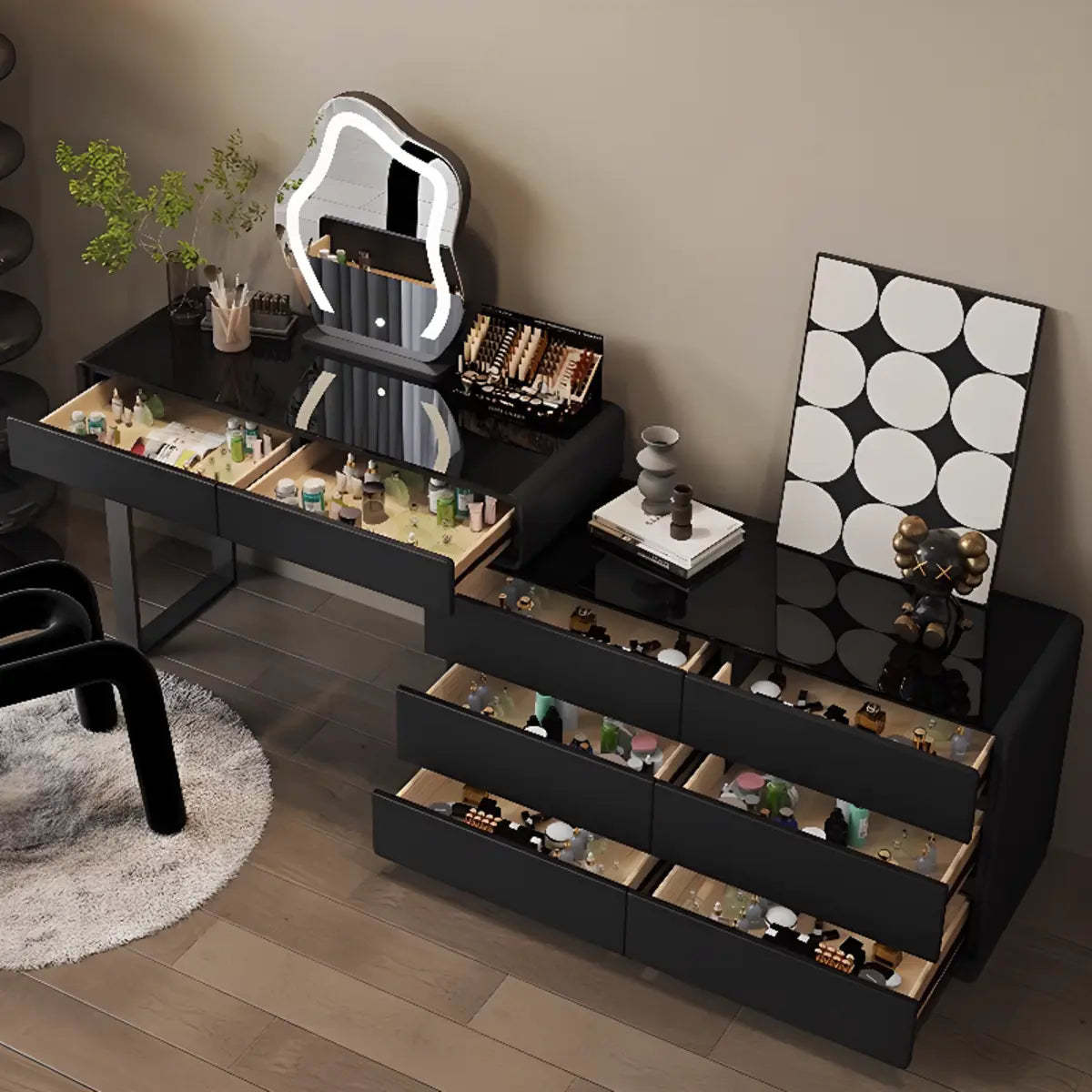 Modern Classic Black Mirror Light Bedroom Vanity Set — Black