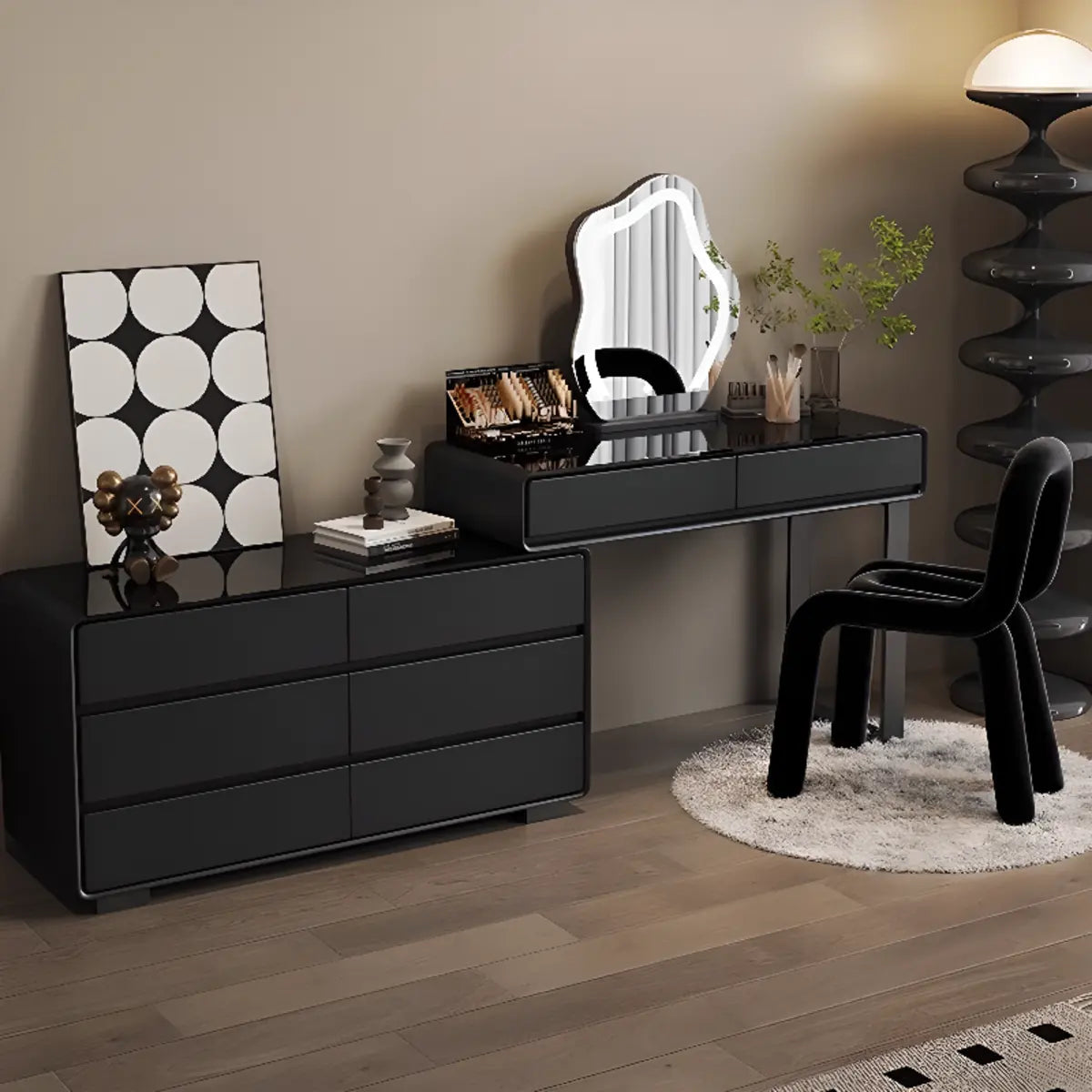 Modern Classic Black Mirror Light Bedroom Vanity Set — Black