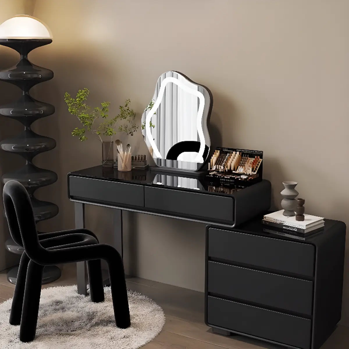 Modern Classic Black Mirror Light Bedroom Vanity Set — Black