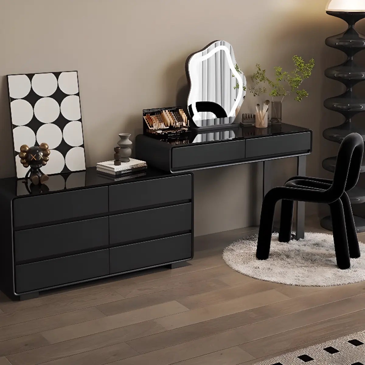 Modern Classic Black Mirror Light Bedroom Vanity Set — Black