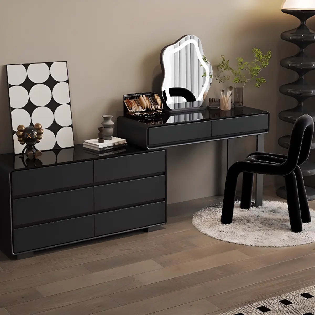 Modern Classic Black Mirror Light Bedroom Vanity Set — Black