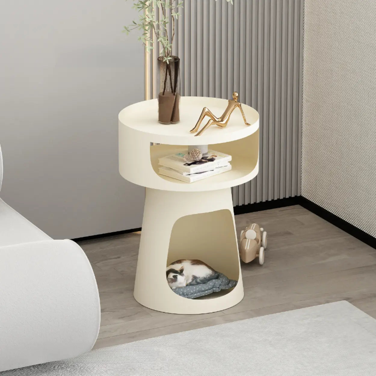 Modern Circular Alloy White Pedestal Side Table — Beige