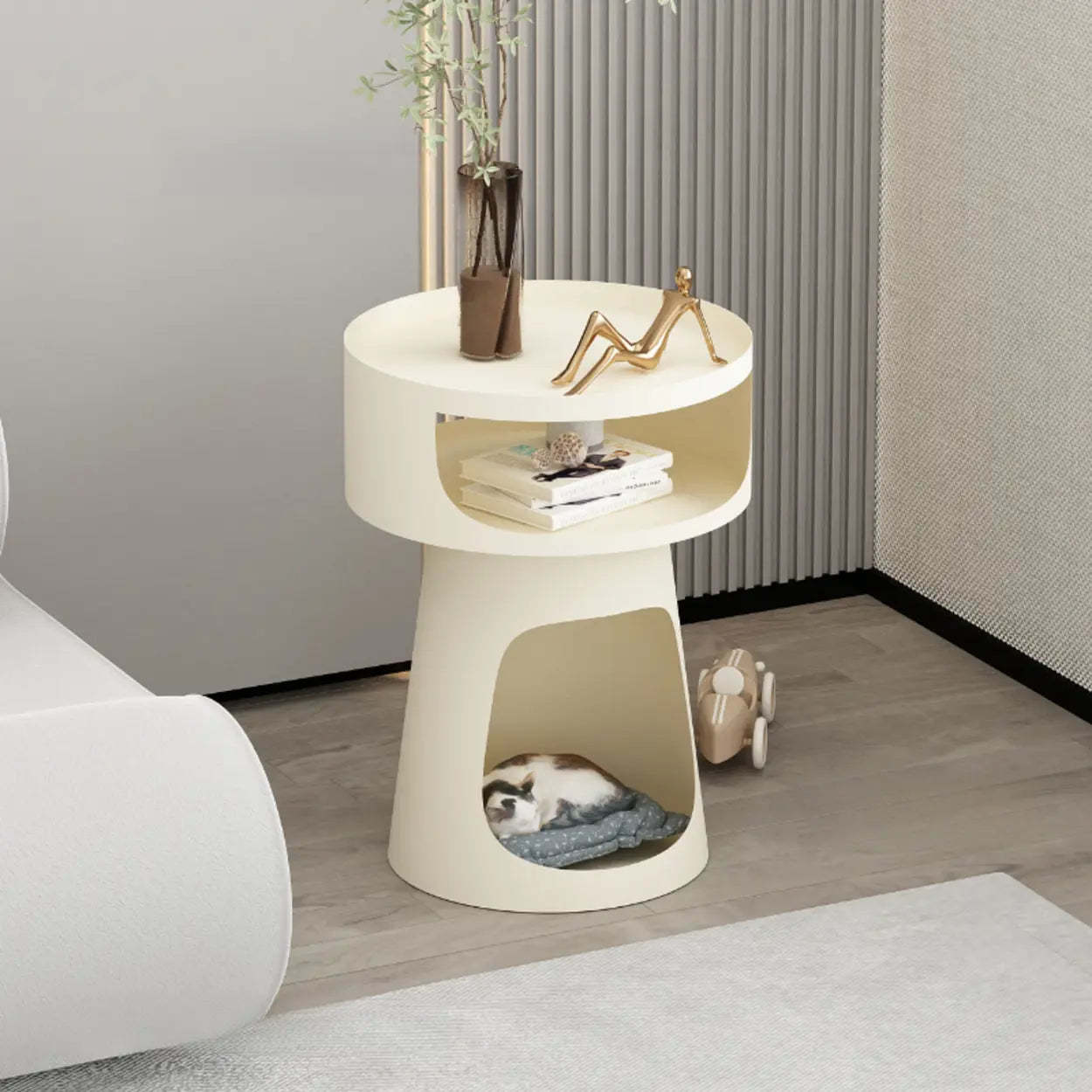 Modern Circular Alloy White Pedestal Side Table — Beige