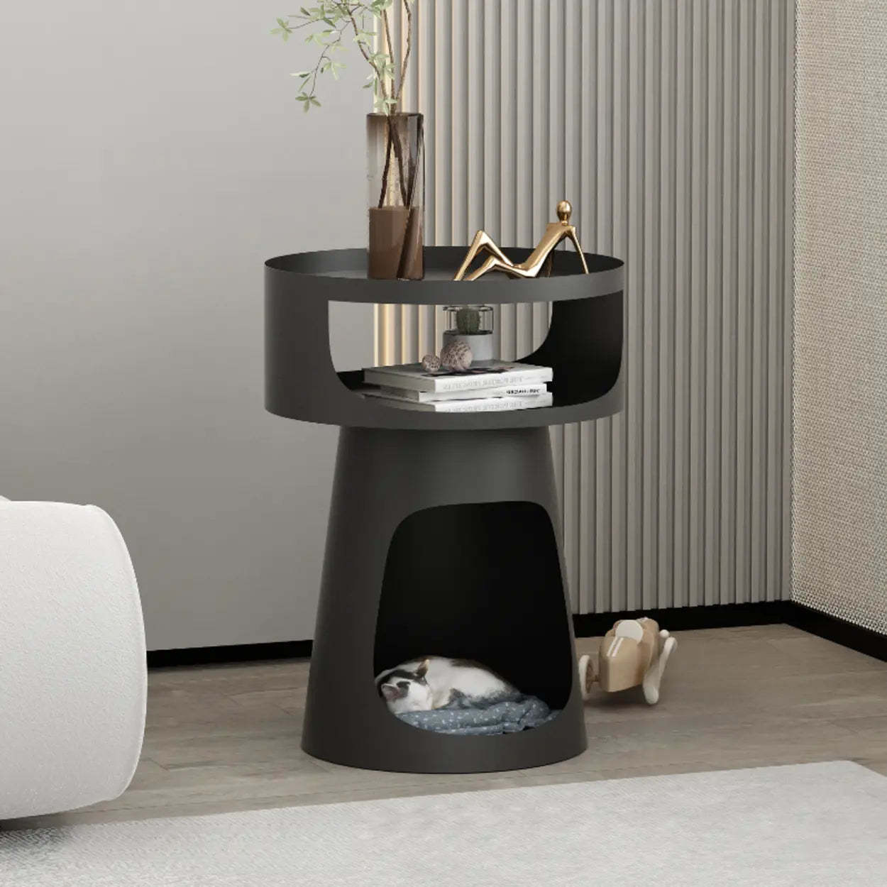 White metal steel glass pedestal circular coffee tables - modern